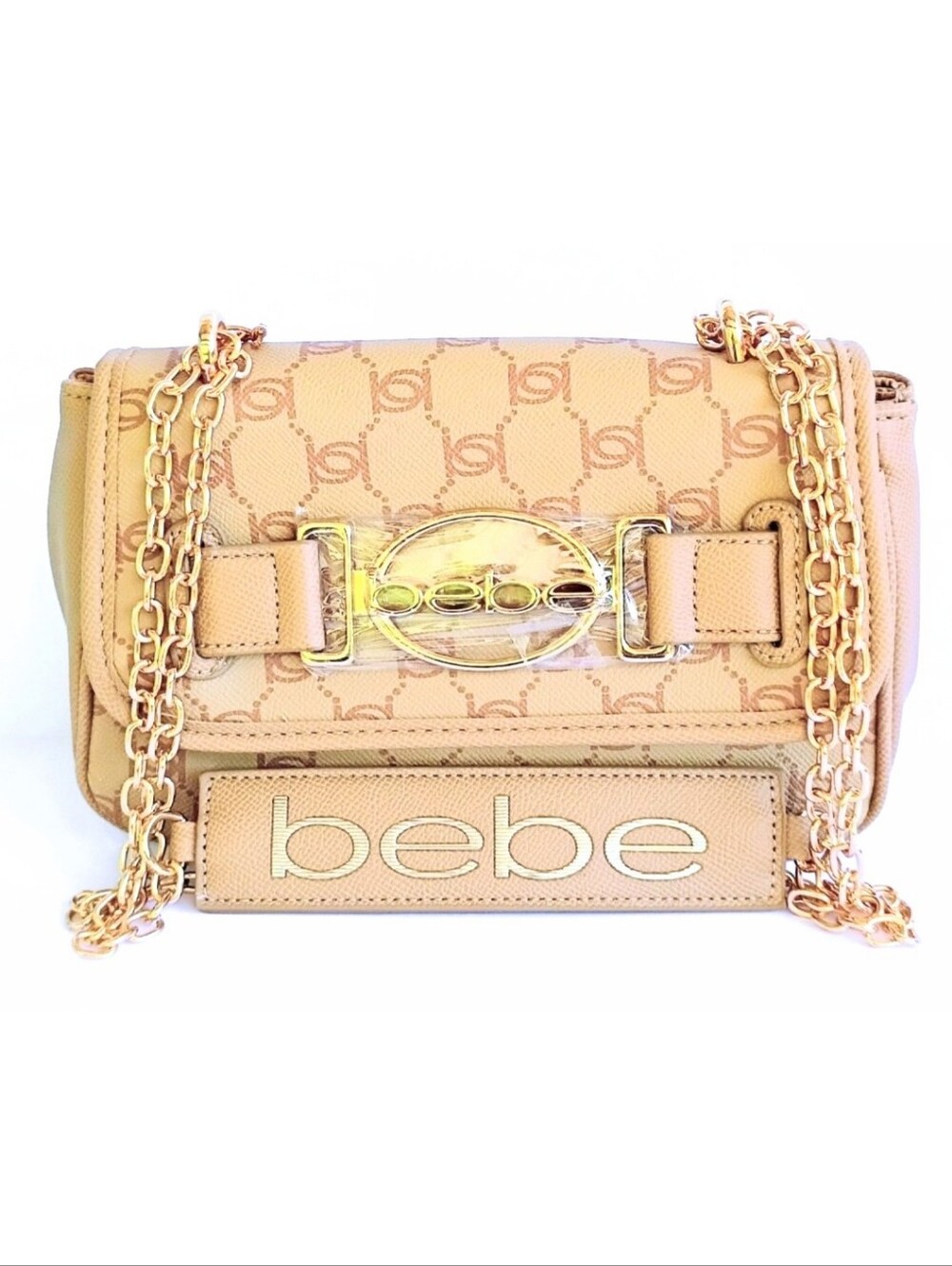 NWT Bebe Leilani Monogram Shoulder Bag Almond Tan Gold Chain Crossbody Logo